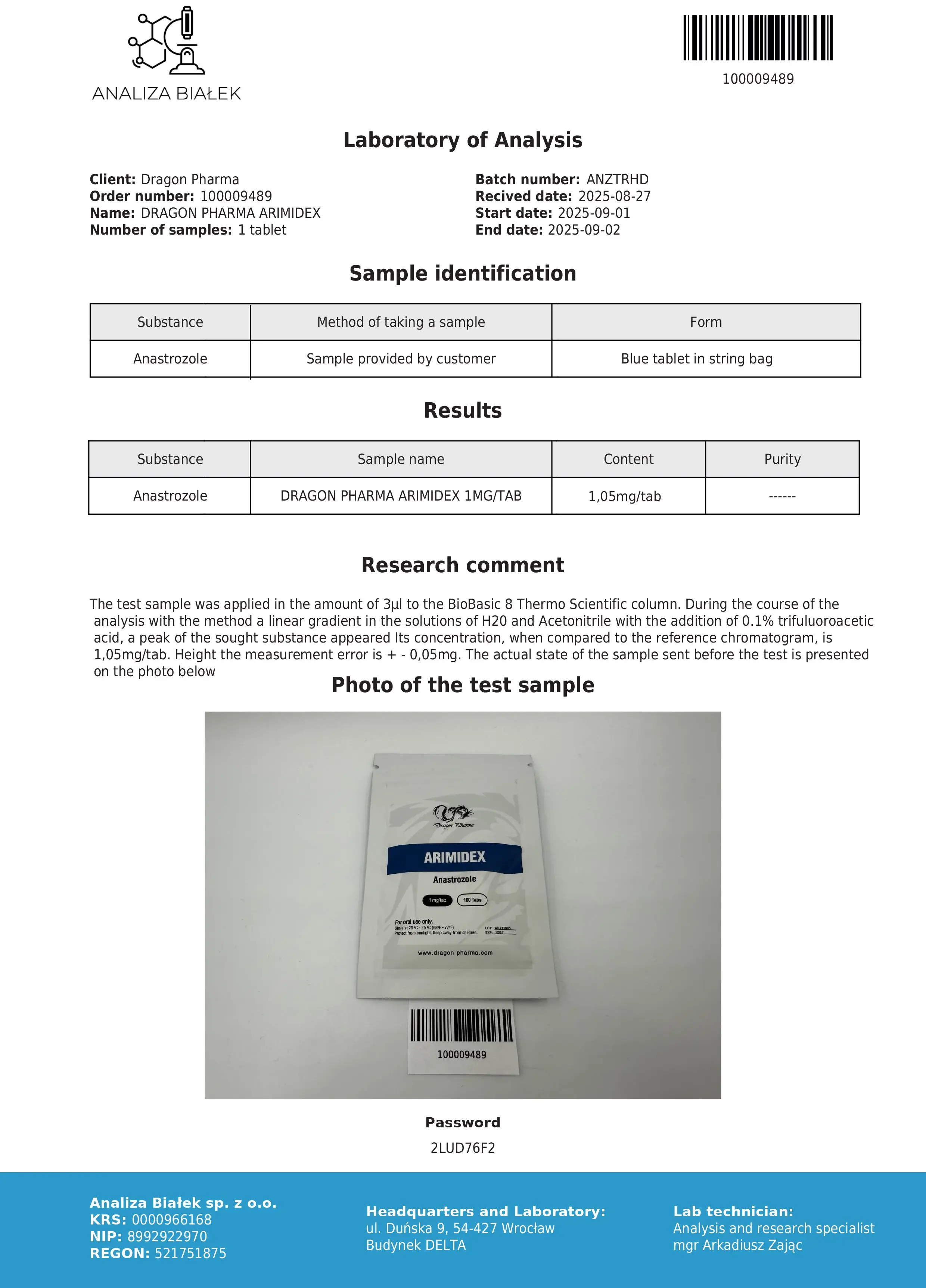 Arimidex Lab Test Sept 2025